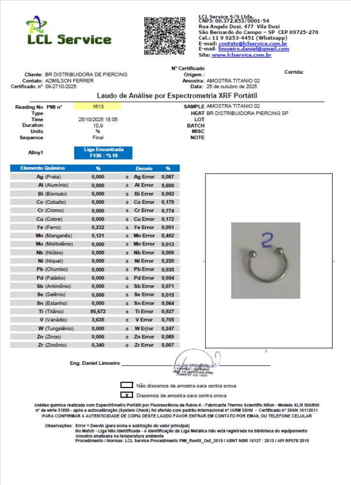 Laudo técnico do Titânio F136 (Grau 23) utilizado nos piercings da BR Piercing