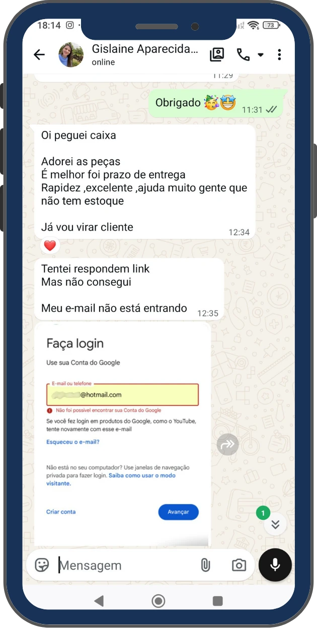 Depoimento de cliente via WhatsApp