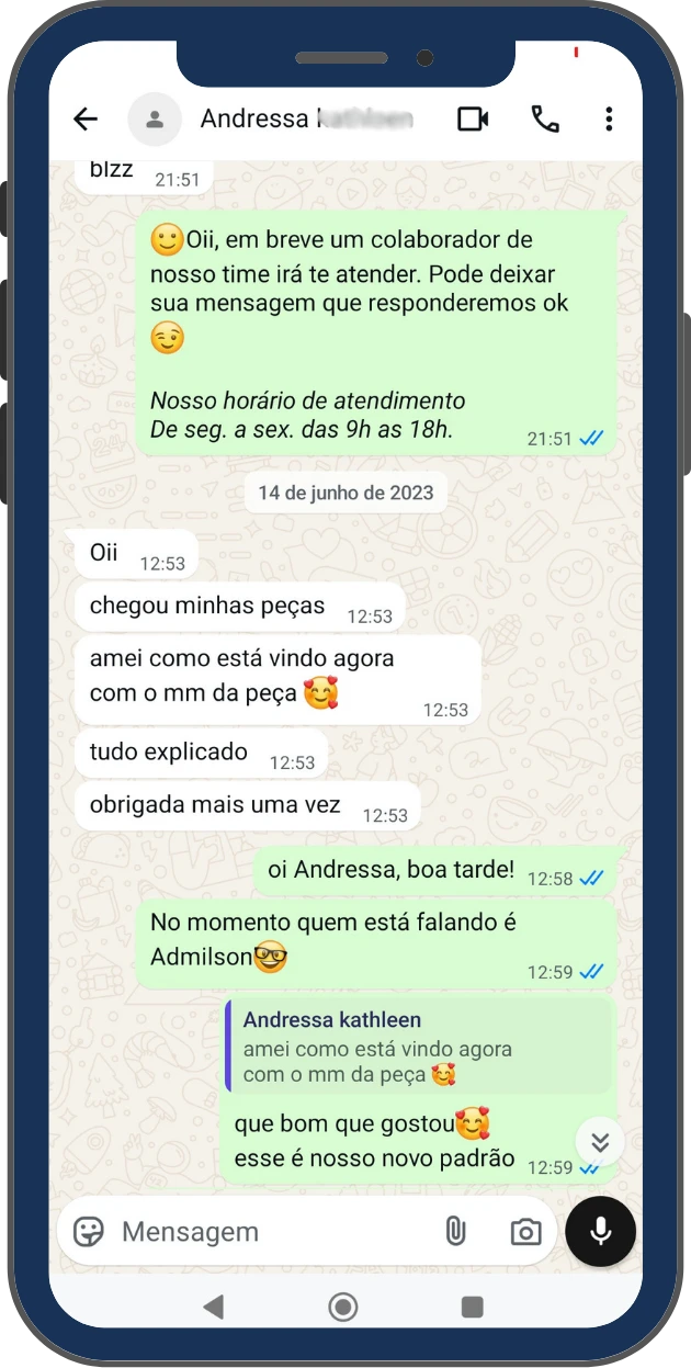 Depoimento de cliente via WhatsApp