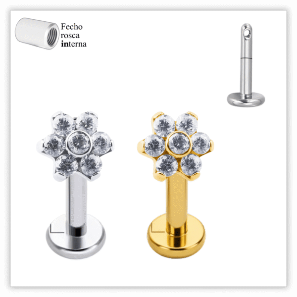 Piercing Reto Decorado Fecho Rosca interna Titânio F136 – Labret vertical
